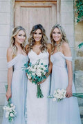 A-Line Off-the-Shoulder Floor-Length Light Blue Chiffon Bridesmaid Dress BD065 by pgmdress