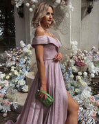A-line Off-the-shoulder Glitter Long Prom Dress with Slit by BIZTUNNEL