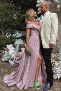 A-line Off-the-shoulder Glitter Long Prom Dress with Slit by BIZTUNNEL