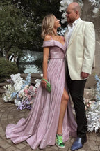 A-line Off-the-shoulder Glitter Long Prom Dress with Slit by BIZTUNNEL