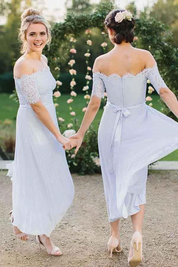 A-Line Off-the-Shoulder Light Blue Pleated Chiffon Bridesmaid Dress with Lace BD056 by pgmdress