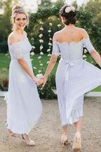 A-Line Off-the-Shoulder Light Blue Pleated Chiffon Bridesmaid Dress with Lace BD056 by pgmdress