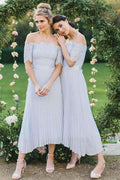 A-Line Off-the-Shoulder Light Blue Pleated Chiffon Bridesmaid Dress with Lace BD056 by pgmdress