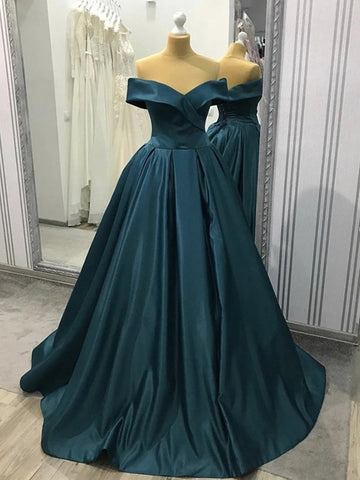 A-Linie, schulterfrei, lange Ballkleider, Satin, formelle Abendkleider