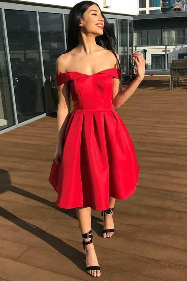 A-Line Off-the-Shoulder Pleated Red Satin Homecoming Dress PD313 by pgmdress