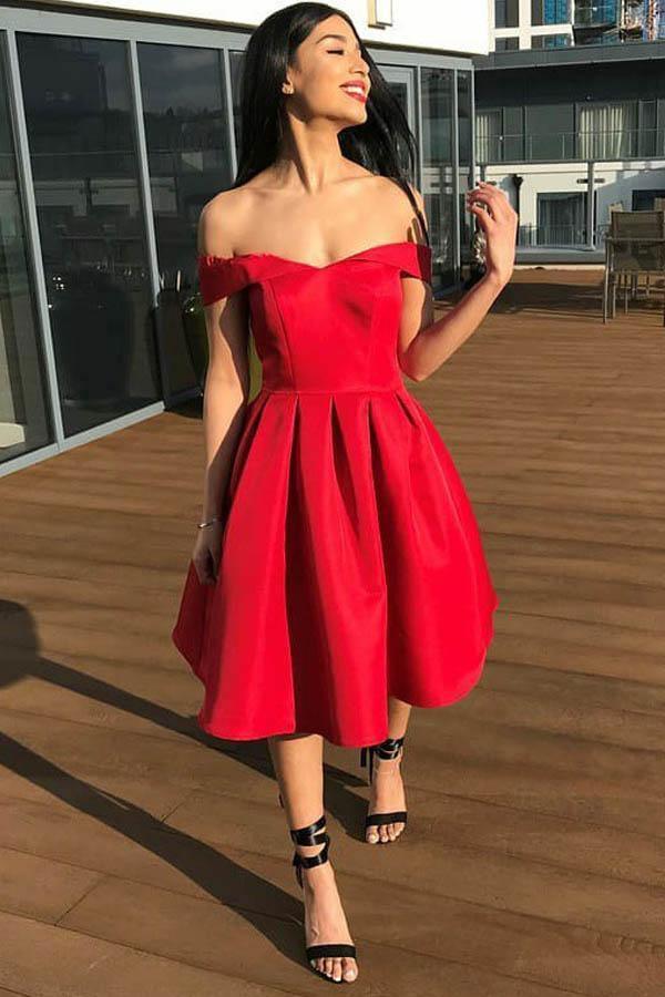 A-Line Off-the-Shoulder Pleated Red Satin Homecoming Dress PD313 Main Image