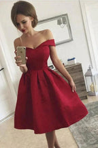 A-Line Off-the-Shoulder Pleated Red Satin Homecoming Dress PD313 by pgmdress