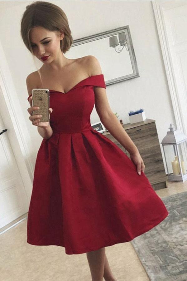 A-Line Off-the-Shoulder Pleated Red Satin Homecoming Dress PD313 Hover Image