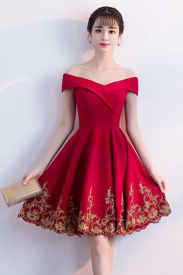 A-line Off The Shoulder Red Homecoming Dresses With Lace Applique  PD122 Hover Image