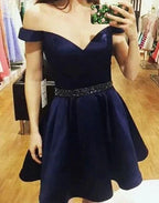 A-line Off The Shoulder Satin Short Prom Dresses with Pockets by BIZTUNNEL