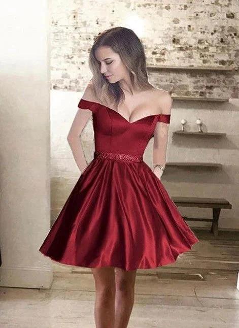A-line Off The Shoulder Satin Short Prom Dresses with Pockets by BIZTUNNEL