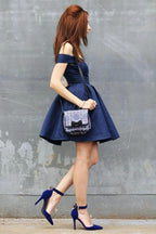 A-Line Off-the-Shoulder Short Navy Blue Satin Sleeveless Homecoming Dress PD404 by pgmdress