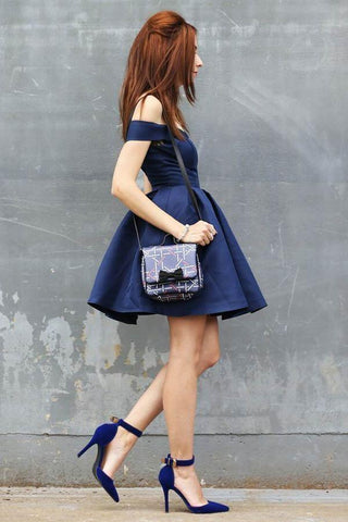 A-Linie, schulterfrei, kurz, marineblau, ärmellos, Satin, Homecoming-Kleid, PD404