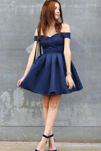 A-Line Off-the-Shoulder Short Navy Blue Satin Sleeveless Homecoming Dress PD404 by pgmdress