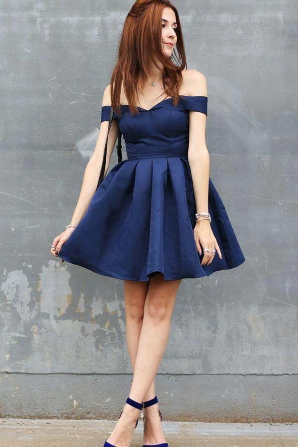 A-Line Off-the-Shoulder Short Navy Blue Satin Sleeveless Homecoming Dress PD404 by pgmdress