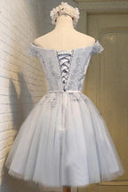 A-Line Off-the-Shoulder Short Sleeveless Grey Tulle Homecoming Dress PD139