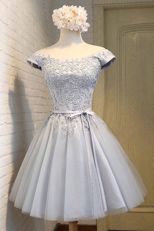 A-Line Off-the-Shoulder Short Sleeveless Grey Tulle Homecoming Dress PD139 Hover Image
