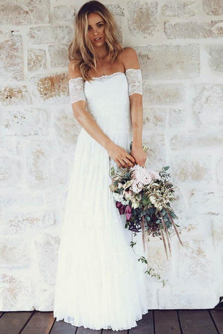 A-Linie, schulterfrei, kurze Ärmel, Spitze, Boho-Brautkleid WD396