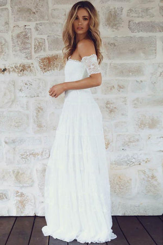 A-Linie, schulterfrei, kurze Ärmel, Spitze, Boho-Brautkleid WD396
