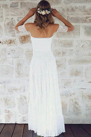 A-Linie, schulterfrei, kurze Ärmel, Spitze, Boho-Brautkleid WD396