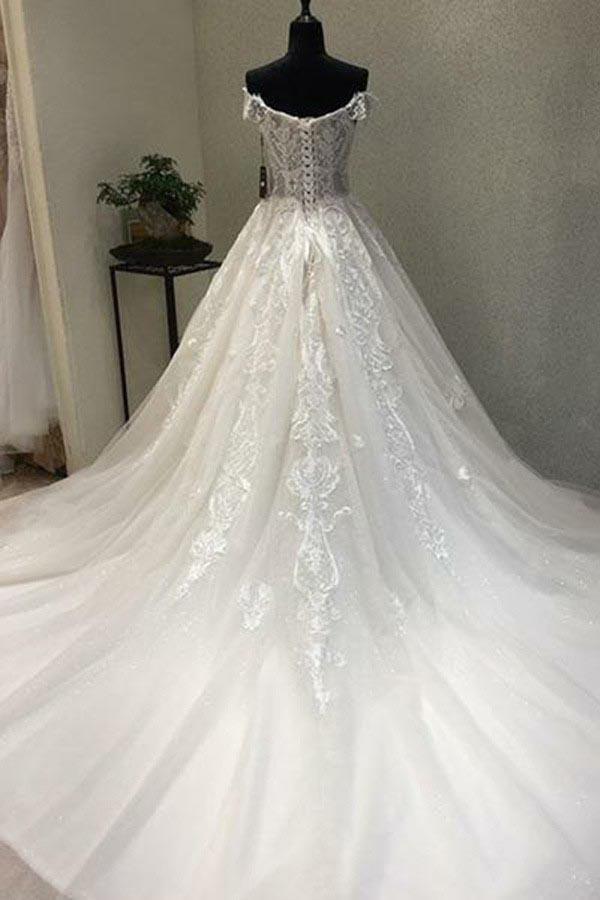 A-Line Off-the-Shoulder Short Sleeves Wedding Dress with Appliques WD226