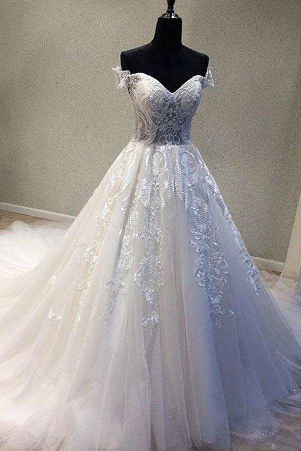 A-Line Off-the-Shoulder Short Sleeves Wedding Dress with Appliques WD226 Hover Image