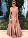 A-Line Off-the-Shoulder Sleeveless Floor-Length With Sash/Ribbon/Belt Satin Prom Dresses by misshow.com