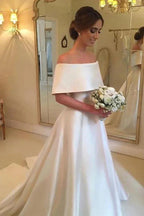A-Line Off-the-Shoulder Sweep Train Satin Prom Dress with Ruffle WD244 by pgmdress