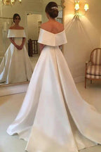 A-Line Off-the-Shoulder Sweep Train Satin Prom Dress with Ruffle WD244 by pgmdress