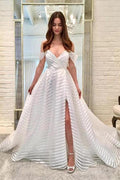 A-Line Off-the-Shoulder Sweep Train White Wedding Dress with Tiered Split WD478 by pgmdress