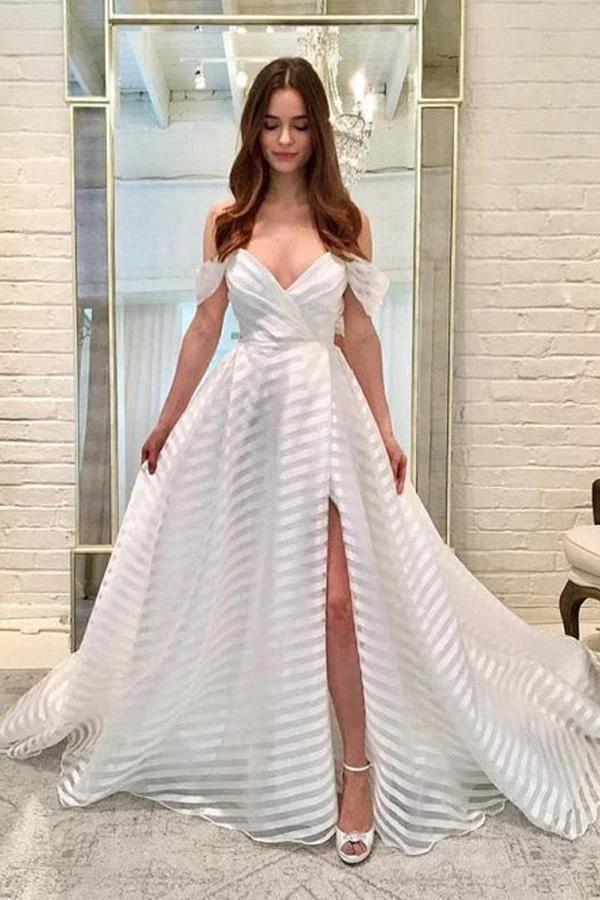 A-Line Off-the-Shoulder Sweep Train White Wedding Dress with Tiered Split WD478 by pgmdress