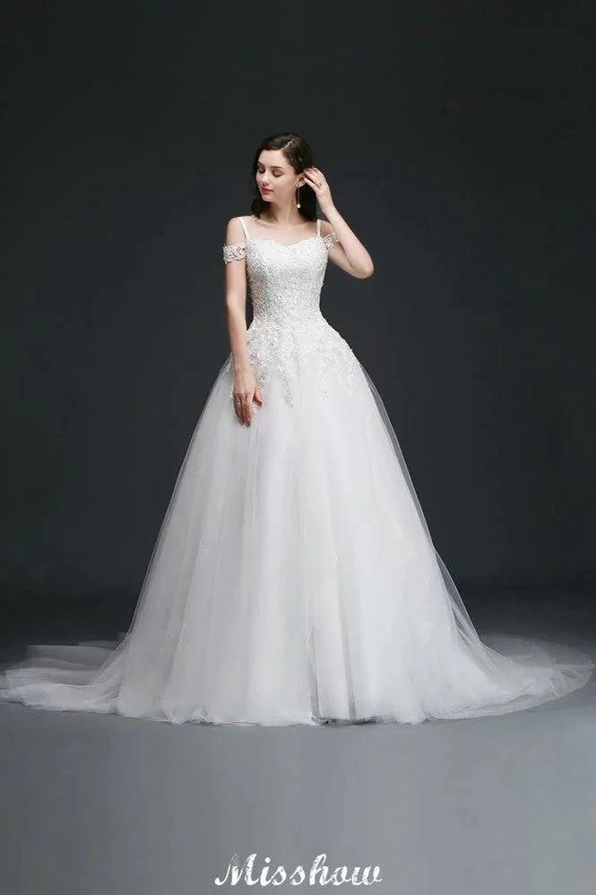 A-line Off-the-Shoulder Tulle Elegant Wedding Dresses with Appliques by misshow.com