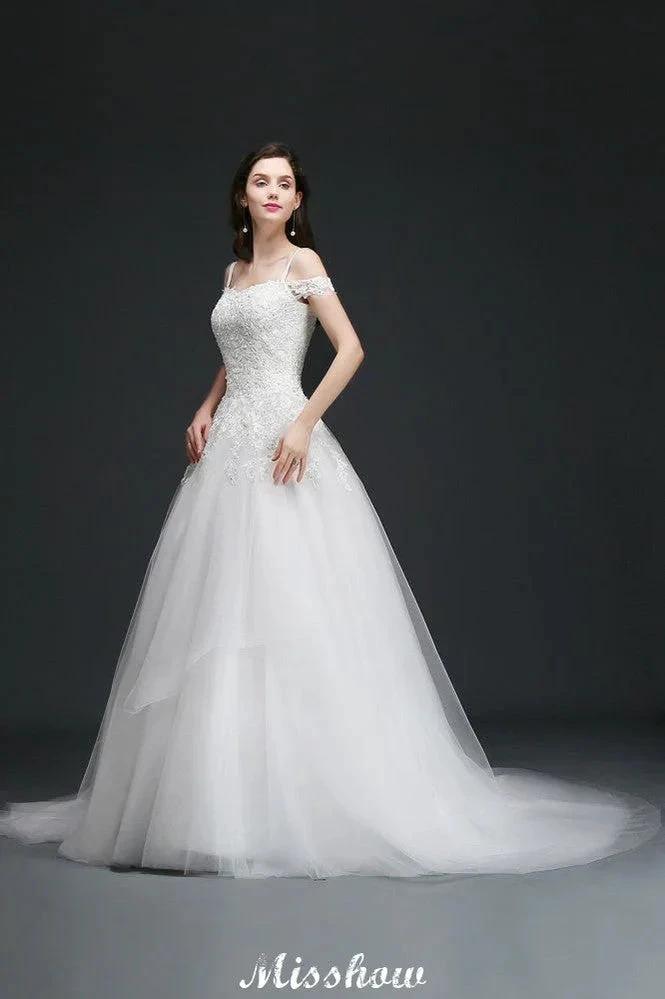 A-line Off-the-Shoulder Tulle Elegant Wedding Dresses with Appliques by misshow.com