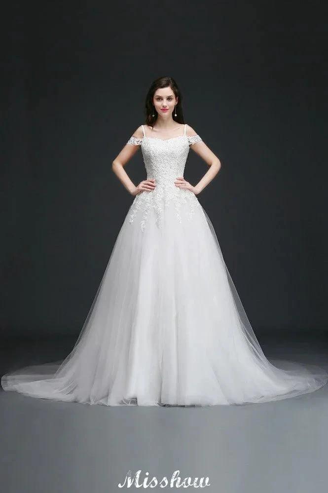 A-line Off-the-Shoulder Tulle Elegant Wedding Dresses with Appliques by misshow.com
