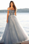 A-line Off-the-shoulder Tulle Glitter Long Prom Dress by BIZTUNNEL