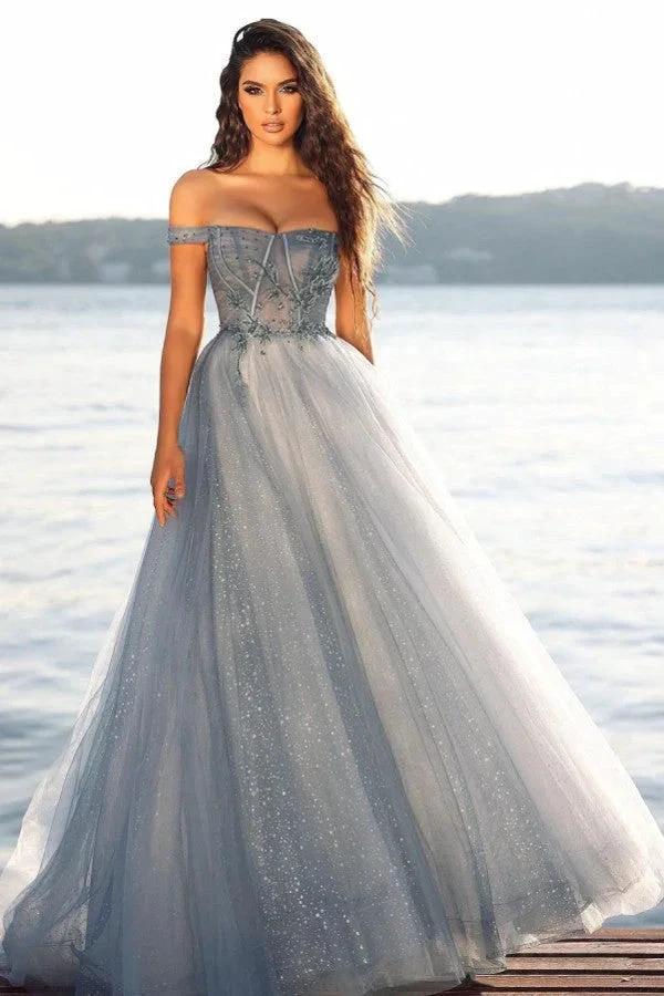 A-line Off-the-shoulder Tulle Glitter Long Prom Dress by BIZTUNNEL