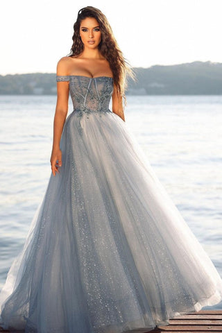 A-Linie, schulterfrei, Tüll, Glitzer, langes Ballkleid