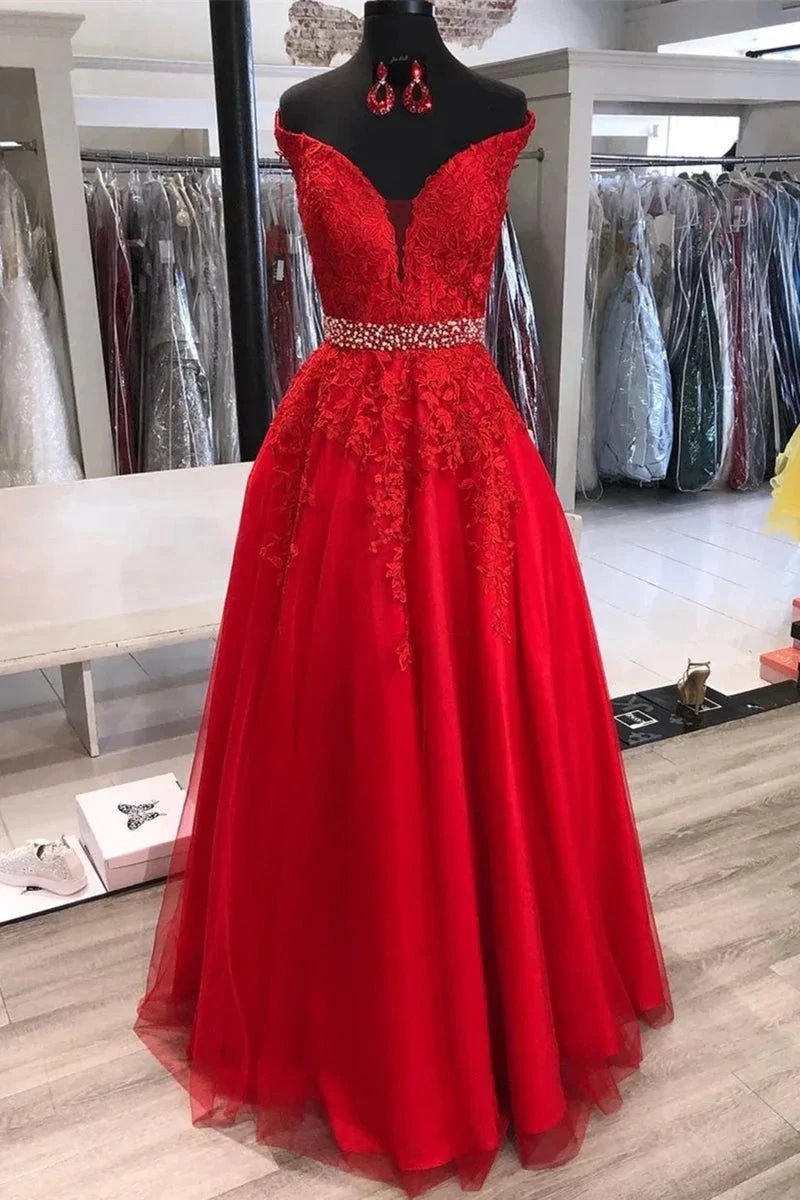 A-line Off the Shoulder Tulle Lace Long Prom Dresses with Belt Red Formal Evening Gowns by BIZTUNNEL