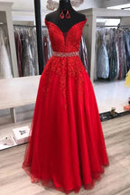 A-line Off the Shoulder Tulle Lace Long Prom Dresses with Belt Red Formal Evening Gowns by BIZTUNNEL