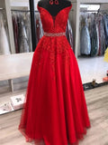A-line Off the Shoulder Tulle Lace Long Prom Dresses with Belt Red Formal Evening Gowns by BIZTUNNEL