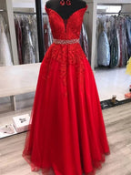 A-line Off the Shoulder Tulle Lace Long Prom Dresses with Belt Red Formal Evening Gowns by BIZTUNNEL
