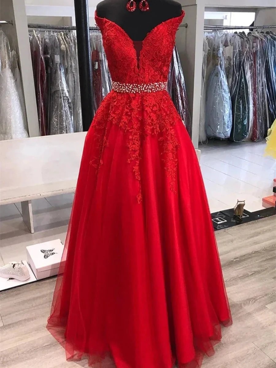 A-line Off the Shoulder Tulle Lace Long Prom Dresses with Belt Red Formal Evening Gowns by BIZTUNNEL