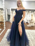 A-line Off the Shoulder Tulle Long Formal Graduation Evening Prom Dresses with Slit by BIZTUNNEL