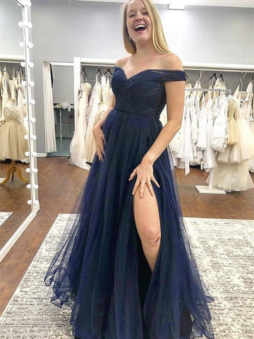 A-Linie, schulterfrei, Tüll, lang, formelle Abschlussfeier, Abendkleid mit Schlitz