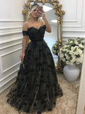 A-line Off the Shouler Black Tulle Long Prom Dresses with Appliques Lace by BIZTUNNEL