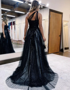 A Line One Shoulder Black Long Prom Dress with Appliques by KissProm
