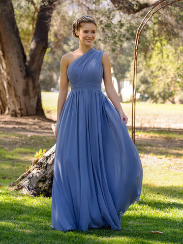 A-Linie One-Shoulder Bodenlanges Chiffon Brautjungfernkleid