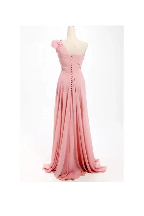 A-line One Shoulder Long Chiffon Bridesmaid Dress with Flowers BD017 by pgmdress