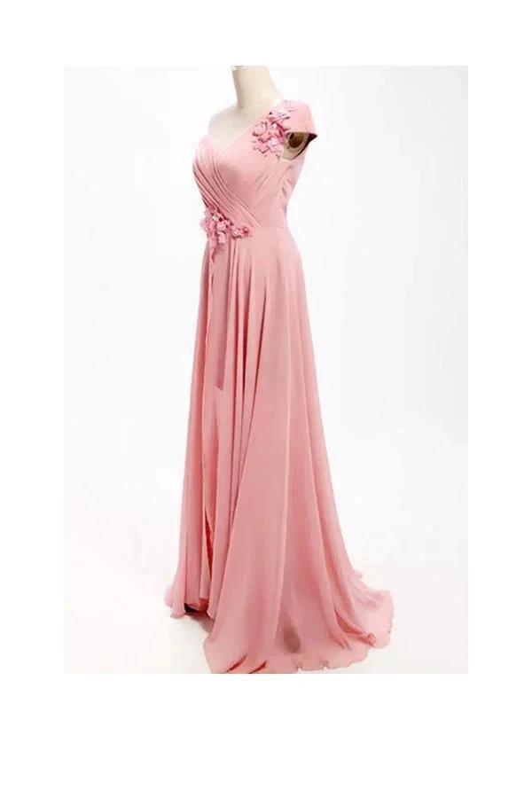 A-line One Shoulder Long Chiffon Bridesmaid Dress with Flowers BD017 by pgmdress