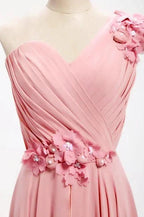A-line One Shoulder Long Chiffon Bridesmaid Dress with Flowers BD017 by pgmdress
